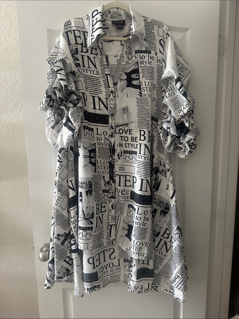 Newspaper-Print Midi Shirt Dress - Black & White